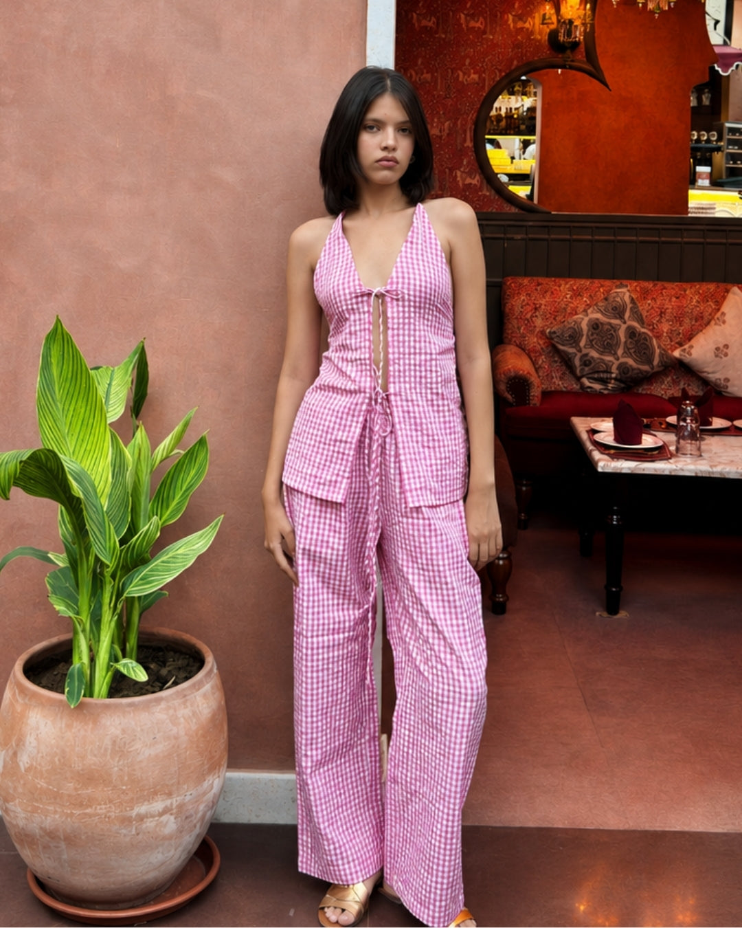 Rosé Gingham Tie-Up Co-Ord Set