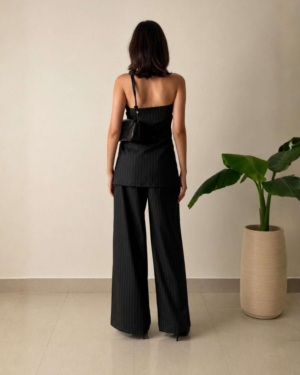 Noir Cross-Halter Pinstripe Co-Ord