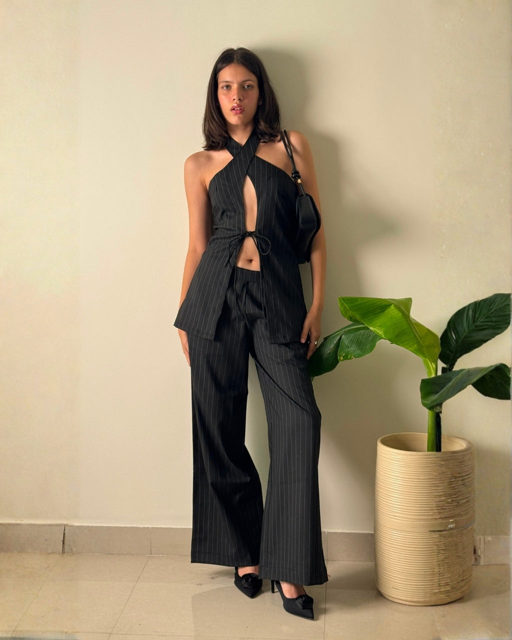 Noir Cross-Halter Pinstripe Co-Ord