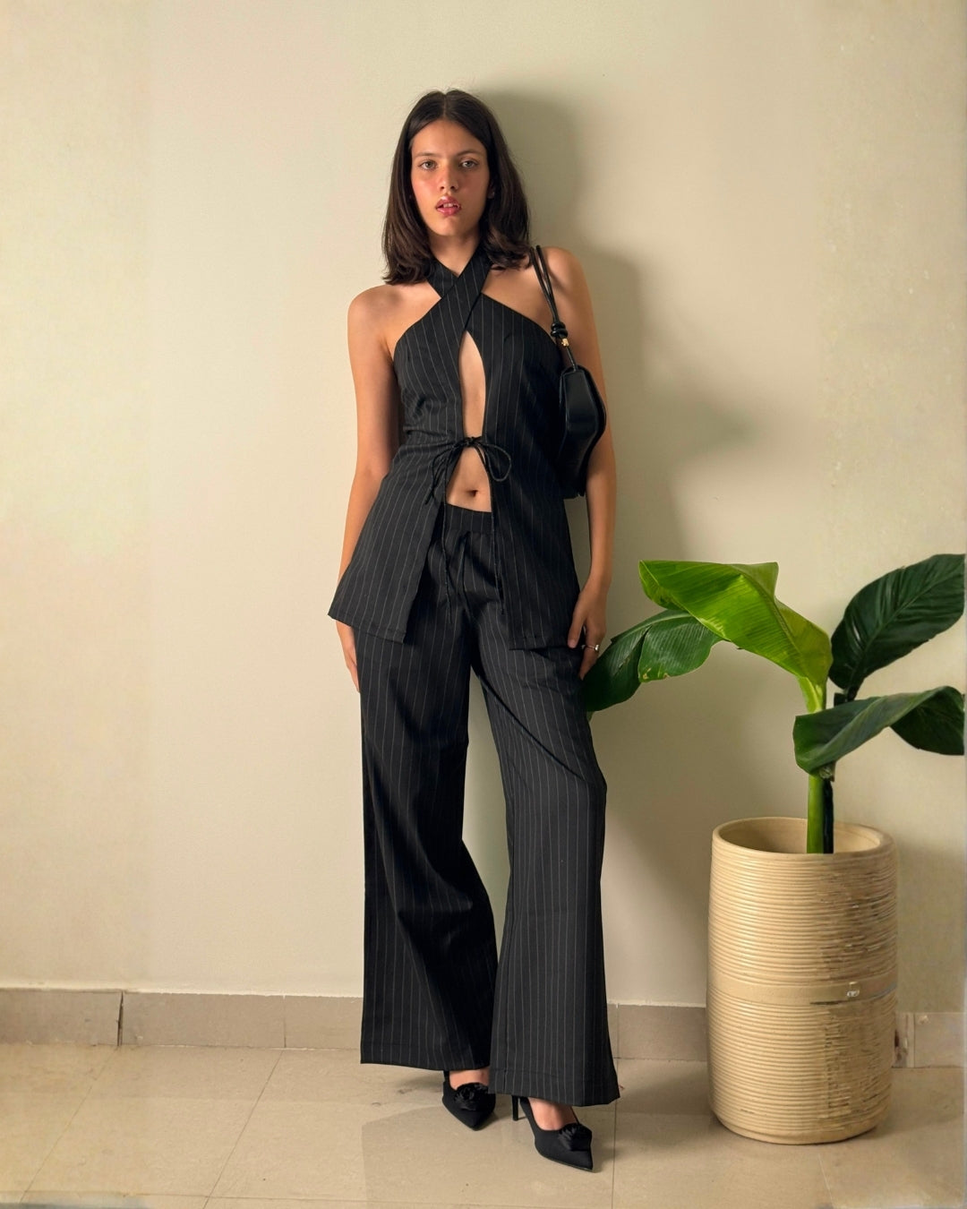 Noir Cross-Halter Pinstripe Co-Ord