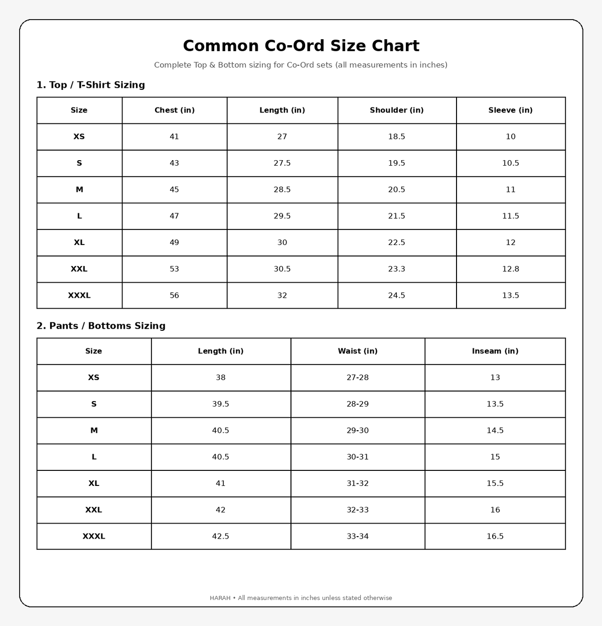 Harah size guide