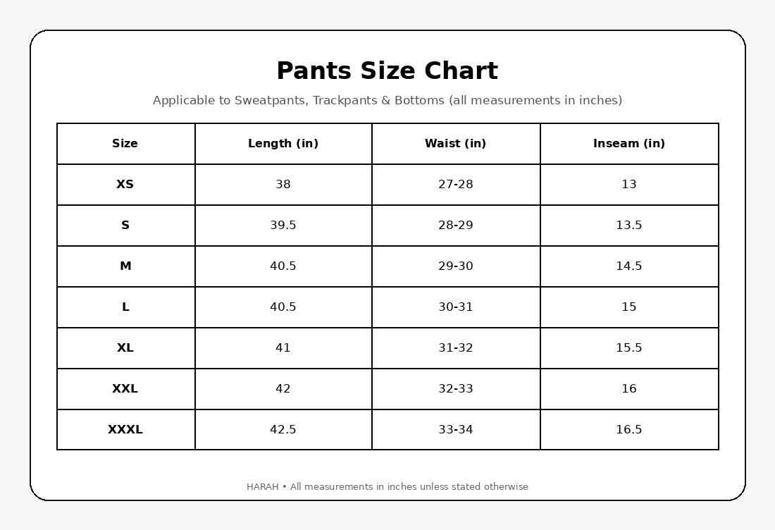 Harah size guide