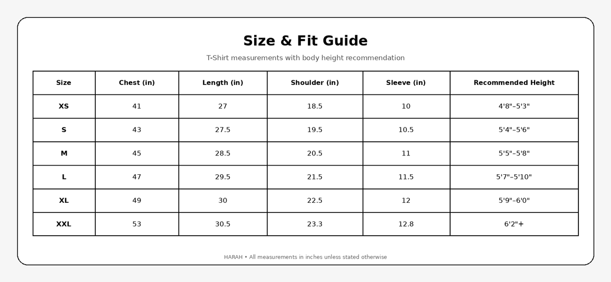 Harah size guide